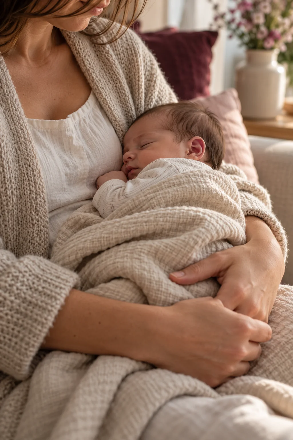 A parent holding a sleeping newborn at home